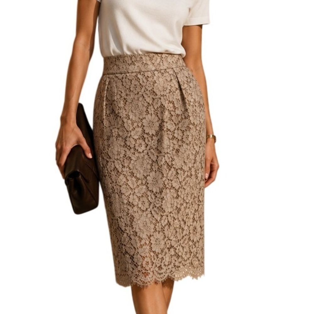 J.Crew Mauve Romantic Floral Lace Pencil Skirt Eyelash Hem Lined Size 14